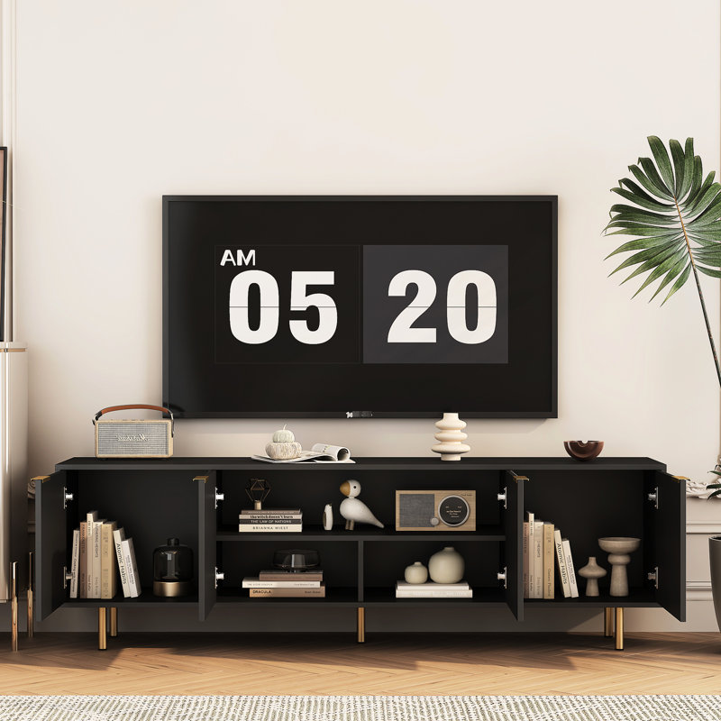 Modern Black Tv Stand With Fluted Facade, 68" Power Outlet, Storage For 55+ Inch Tv, Entertainment Center, Living Room Shelf And Compartments, Center Media Cabinet