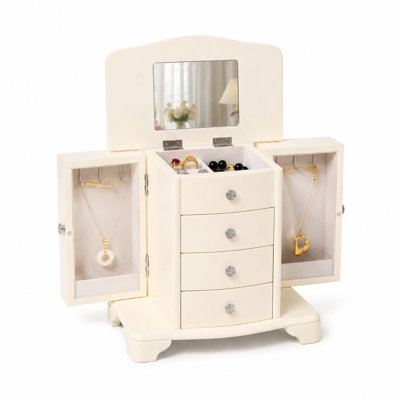10 In. Cream White Wooden Jewelry Box With Mirror, Necklace Hooks, Velvet Lining And 3 Drawers