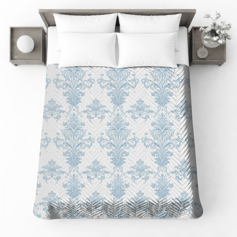 Blue Damask Pattern Quilted Bedspread All Sizes, King