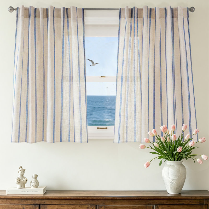 Farmhouse Striped Linen Blend Textured Light Filtering Semi Sheer Rod Pocket Back Tab Curtains, 52" W x 36" L, Navy
