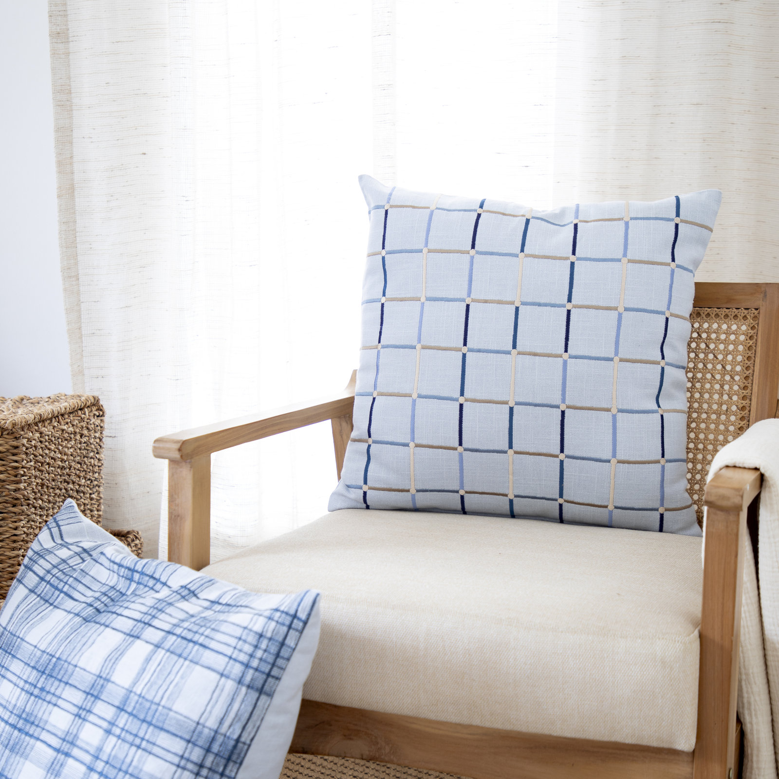 Checkered Cotton Throw Pillow, 20" x 20", Blue/Ivory/Gray, Polyester/Polyfill