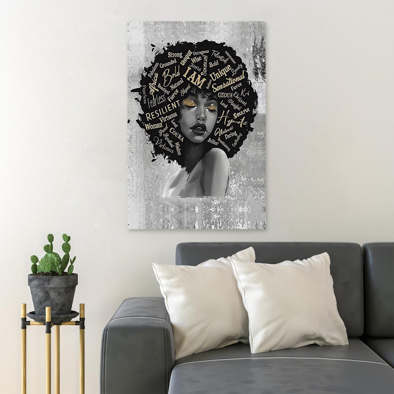 «Girl with Adjectives On Hair - I AM ...», reproduction d'art graphique sur toile tendue, H 14 po x l 11 po x P 2 po