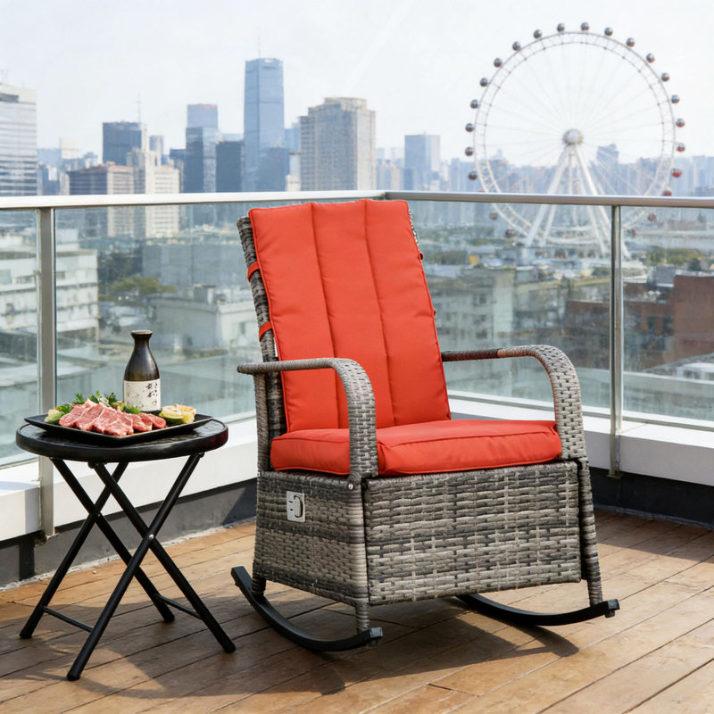 Fauteuil inclinable et berçant en rotin d'extérieur, Rouge, Gris