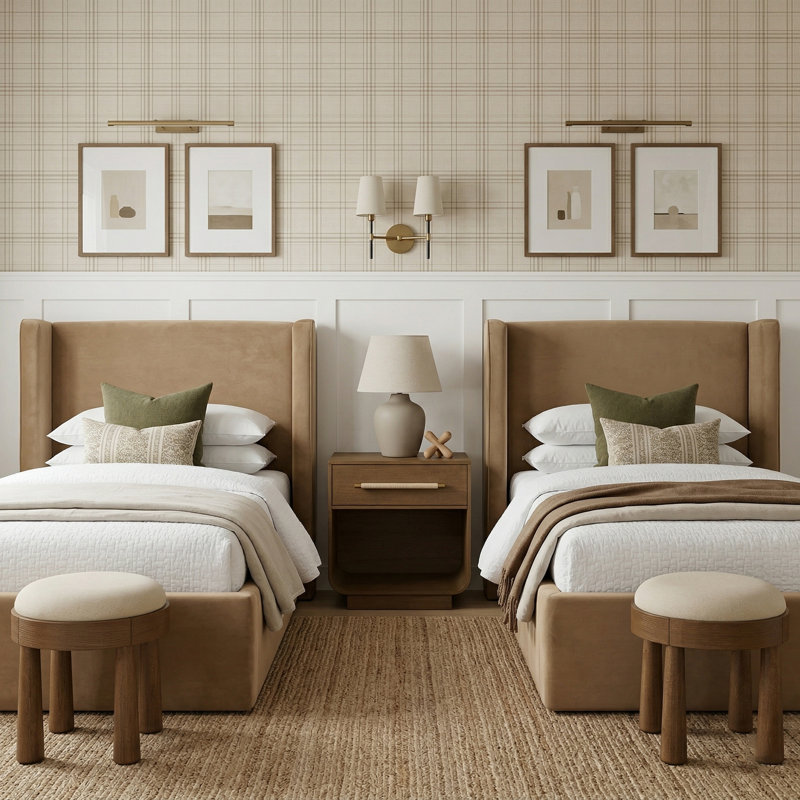 Lit tapissier Kendall Wanaque, Velours beige, Simple