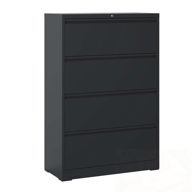 Wide Metal File Cabinet with 4 Drawers and Lock, Black