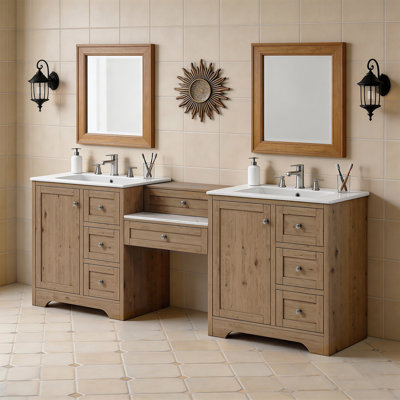 84" Double Sink Bathroom Vanity, 2 Ceramic Sinks with Engineered Stone Countertop, Large Storage Vanity
