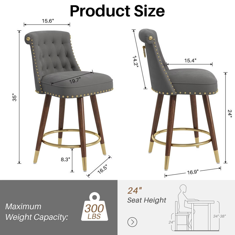 Gray Velvet Upholstered Swivel Counter Stools with Wood Legs, Set of 2