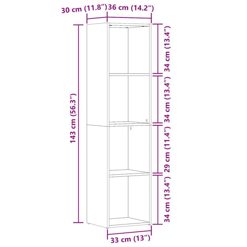 Abelia Bookcase, (4 Shelves) 143cmH x 36cmW x 30cmD, Old Wood