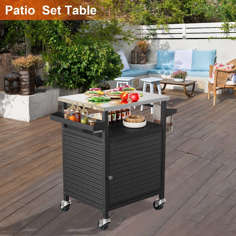 Outdoor Grill Cart with Storage Cabinet, Outdoor Pizza Oven Table with Stainless Steel Top, Kitchen Cooking Prep Table, Outdoor Kitchen Cabinets for BBQ Backyard Camping