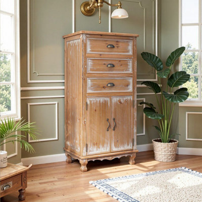 Armoire de rangement rustique en bois avec porte découpée et tiroirs, grand organisateur étroit