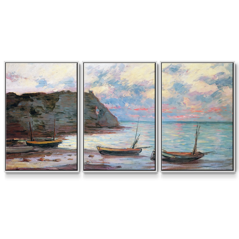 Coucher de soleil à Etretat, 1885, reproduction sur toile 3 pièces, H 24 po x l 48 po x P 2 po, Blanc
