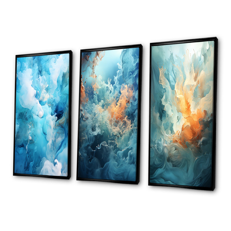 Ensemble de 3 décorations murales bleu marine et blanches, H 40 po x l 60 po, Cadre flottant noir