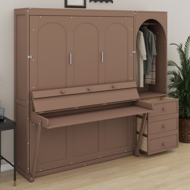 Lit escamotable fonctionnel avec 3 tiroirs, tablette, lumière DEL et tringle pour garde-robe, Brun
