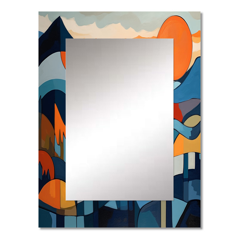 Mid Century Perspectives II - grand miroir mural moderne Mid-Century, miroir unique bleu, impression d'art en métal