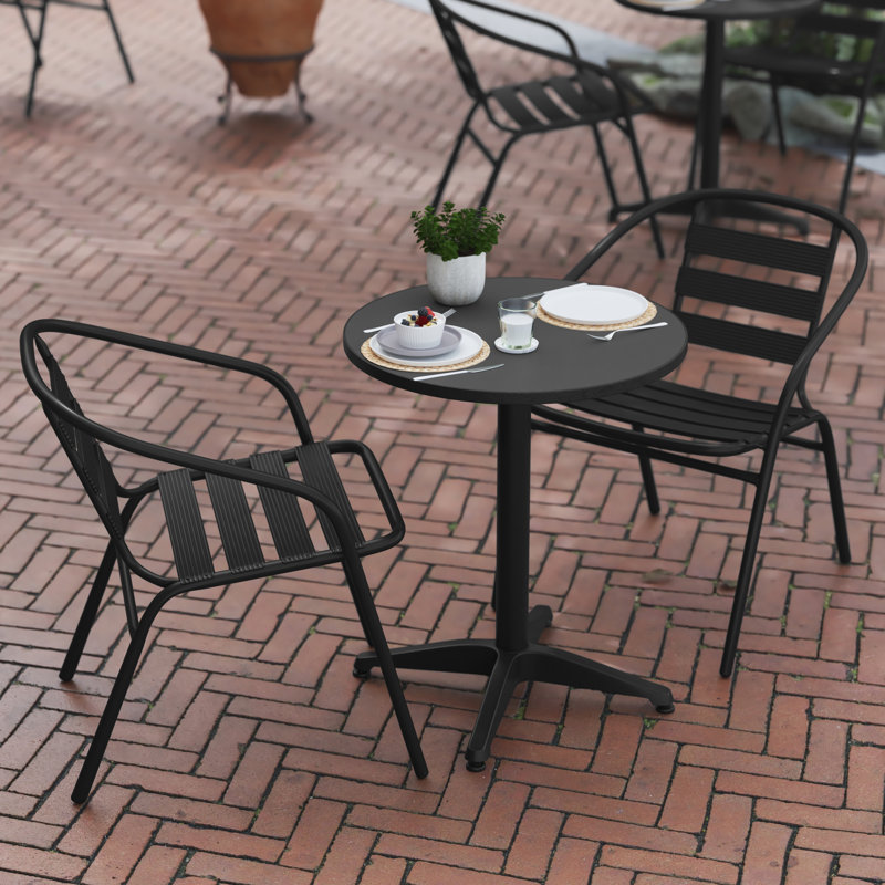 Moraal Round Aluminum Indoor-Outdoor Table Set with 2 Slat Back Chairs, 27.25" H x 23.5" W x 23.5" D, Black
