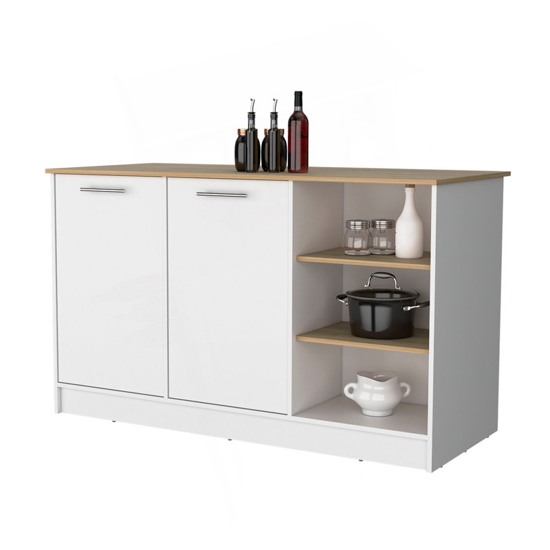 Îlot de cuisine 2 portes blanc et bois de frêne avec 3 tablettes ouvertes