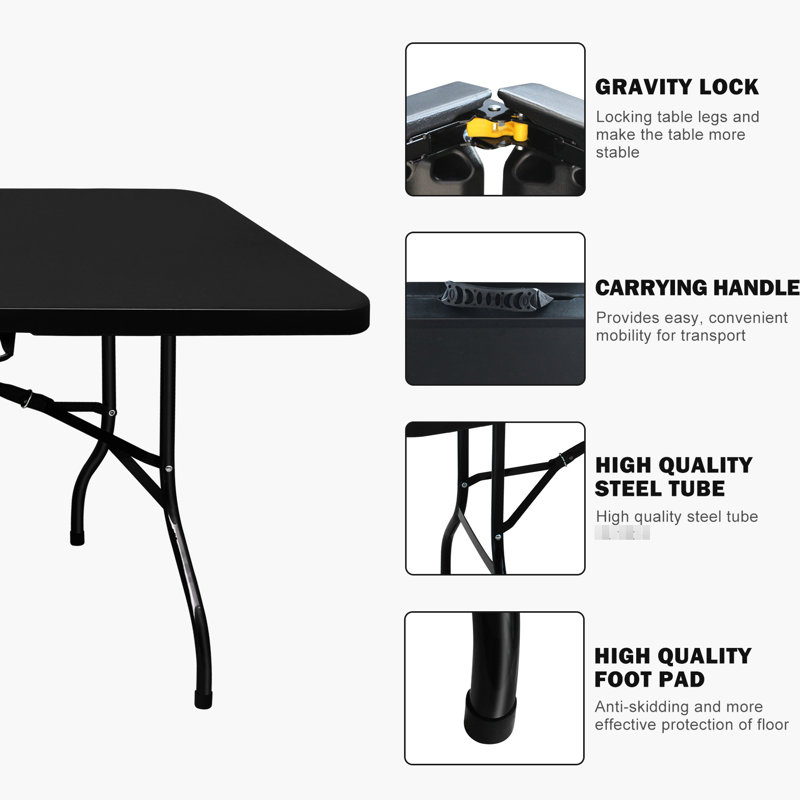 Table pliante 8 pi, noir. Pour le camping, expéditions de pique-nique. Robuste, imperméable. Capacité de charge élevée. Intérieur / extérieur sélectionnable portable pour les activités de plein air. Utilisation polyvalente