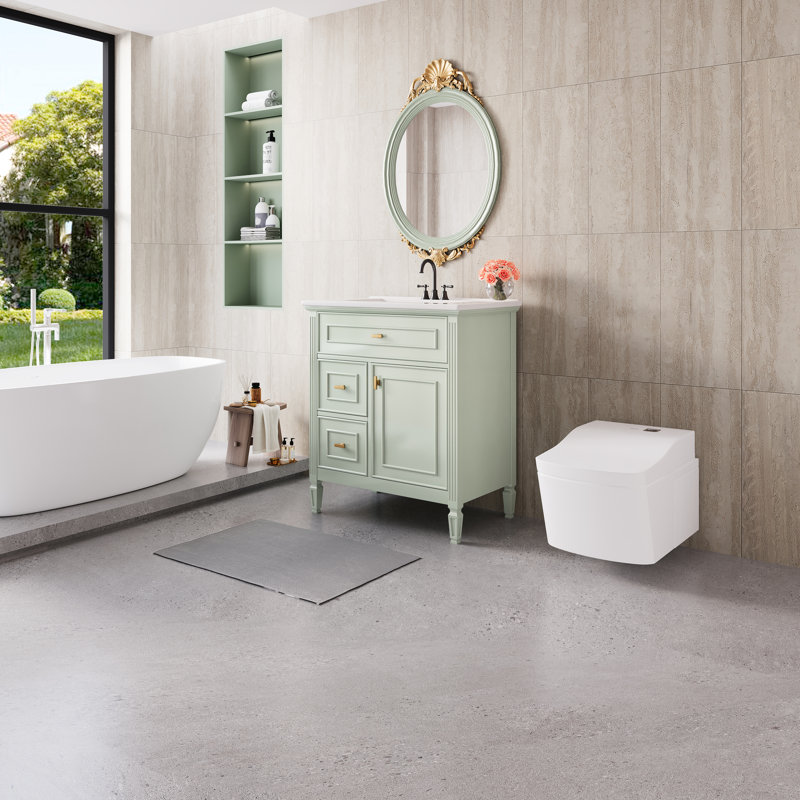 Meuble-lavabo de 30 po avec lavabo, structure en bois massif, planches, un tiroir rabattable, tablette réglable, céramique facile à entretenir, compartiments de rangement spacieux, surface propre, plan d'organisation intelligent