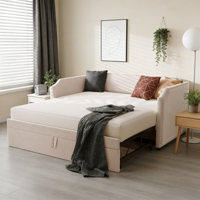 Upholstered Daybed with Backrest for Small Spaces, Velvet Daybed with Pop-Up Trundle for Guest Room, Beige, Twin