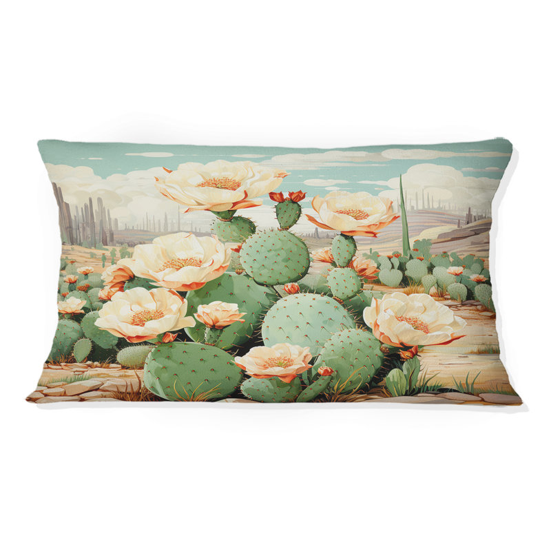 Coussin Coral Green Cactus Desert Blooms Pointillism IV - Cactus