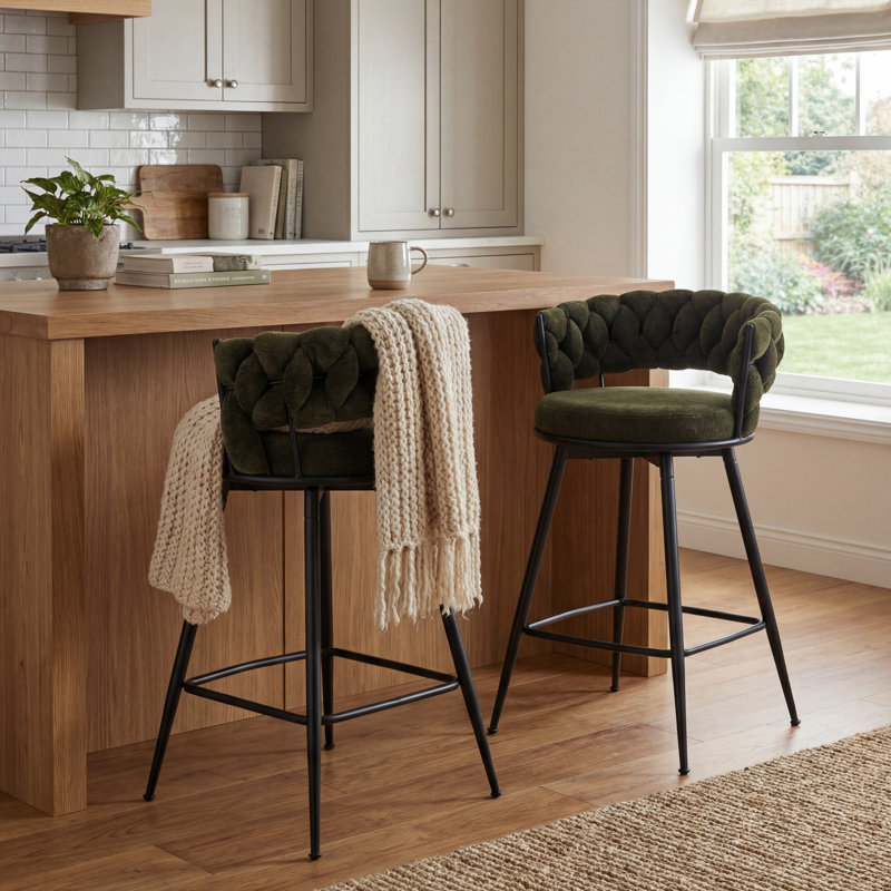 Modern Green Upholstered Bar Stool With Woven Look Backrest & Fixed Black Metal Frame Stable Counter Height Stool For Kitchen Breakfast Bar Or Cafe, Set Of 2