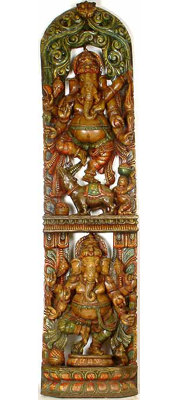 Panneau mural Ganesha dansant à la main en bois, temple sud-indien de 72 x 17 po sculptant pour le salon et le vestibule