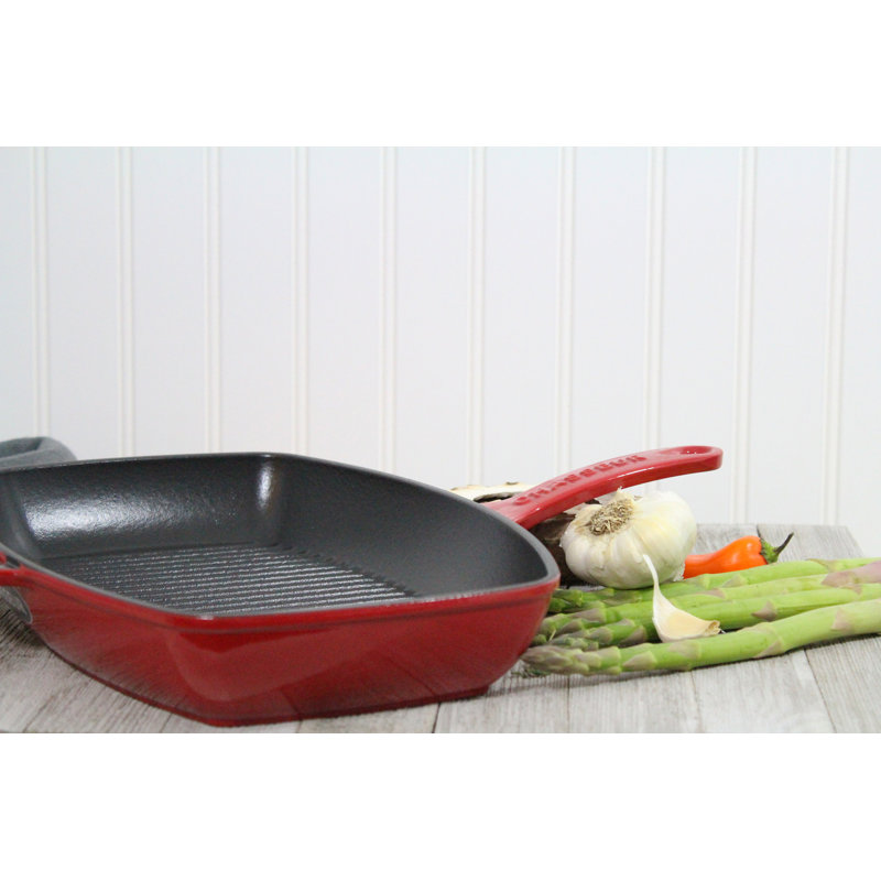 12'' Enameled Cast Iron Grill Pan / Griddle Set, Red