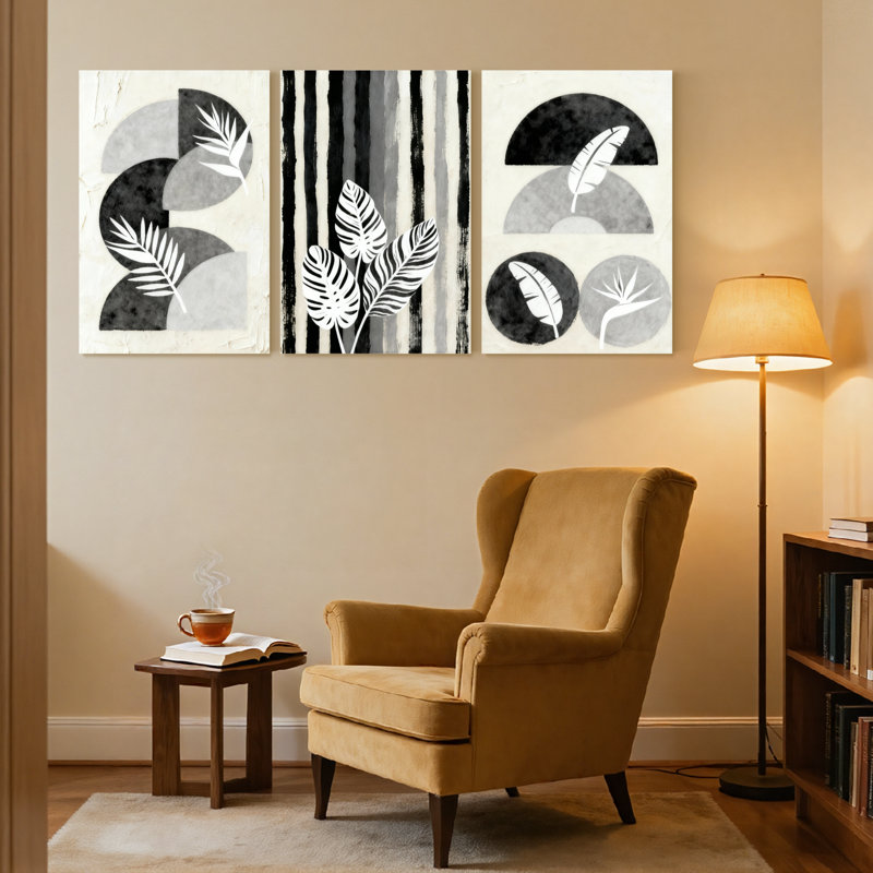 Ensemble de 3 reproductions d'art contemporain sur toile à motif abstrait de feuilles et de rayures Boho, H 24 po x l 48 po