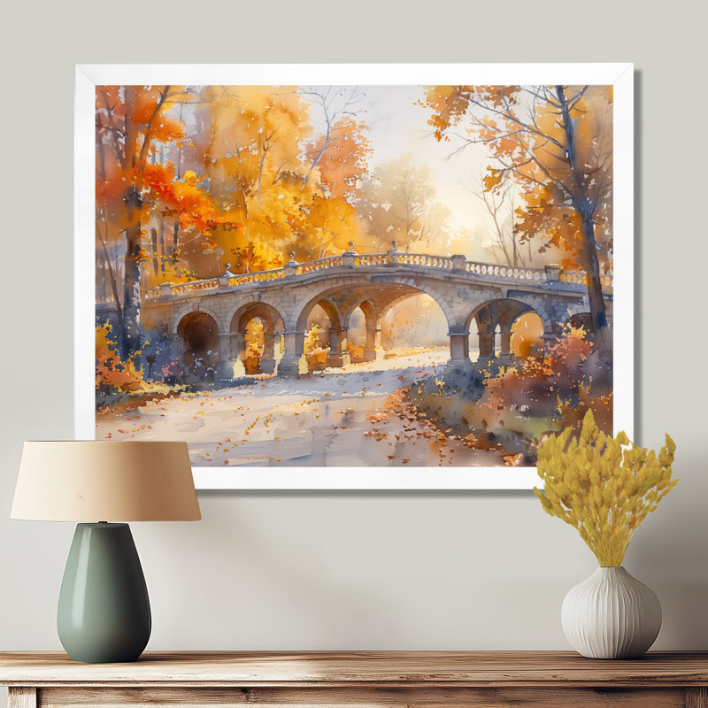 «Yellow Beige Elegant Autumn Park Bridges I» - décoration murale Bridges, Toile encadrée blanche avec une seule photo
