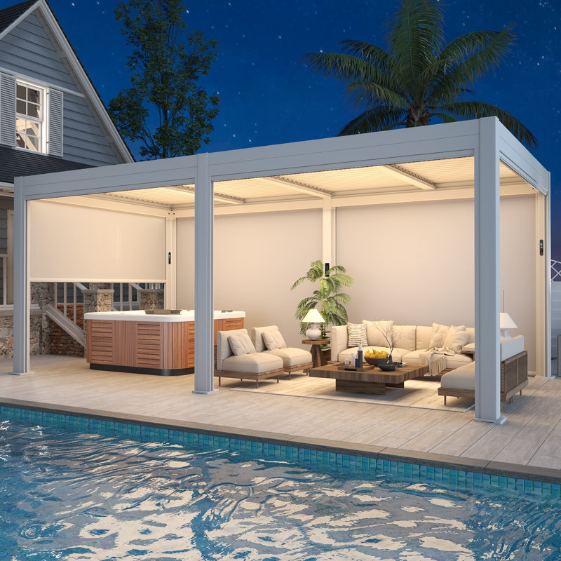Pergola d'extérieur 10 pi x 20 pi avec lumières DEL, pavillon de jardin en aluminium avec persiennes motorisées et écrans latéraux pour le patio, la cour et la piscine, blanc