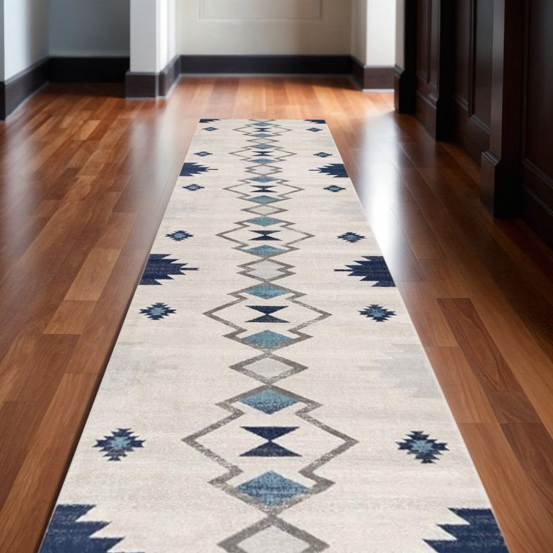 18' Blue And Beige Abstract Runner Rug
