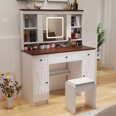 Vanity Desk with Sliding Mirror,Lights and Charging Station,Makeup Table Desk with Dimmable Led Light,Vanity Makeup Table with Sponge Soft Stool by Gracie Oaks
