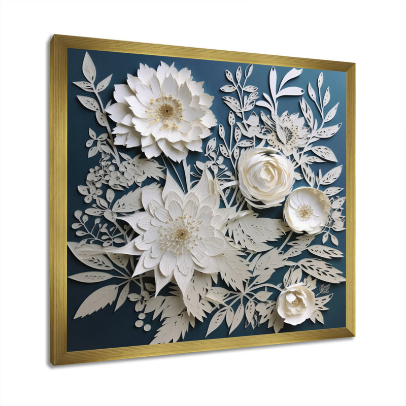 «Ryot White and Blue Flowers Bouquet Elegance», reproduction sur toile, H 24 po x l 24 po, Cadre doré