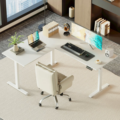 63 Inch L Shaped Standing Desk, Electric Height Adjustable Home Office Desk, Large Ergonomic Computer Desk with 3 Memory Buttons, Cable Management, Corner Desk for Home & Office Workstations, White
