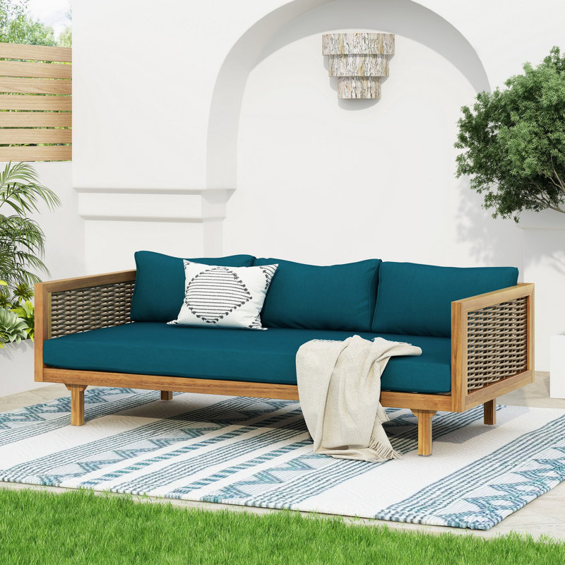 Lit de jour CLAREMONT 3 avec des accoudoirs en rotin (coussin en teck), Teck