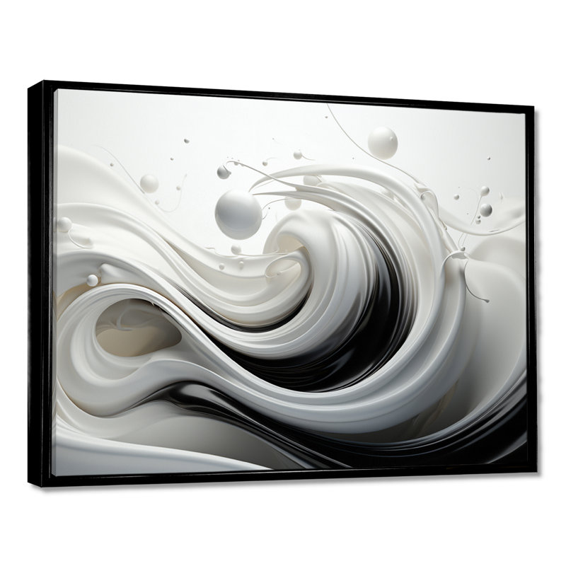 Liquide «Bliss» tourbillonnant noir et blanc I - spirales abstraites, décoration murale, Toile avec cadre flottant noir