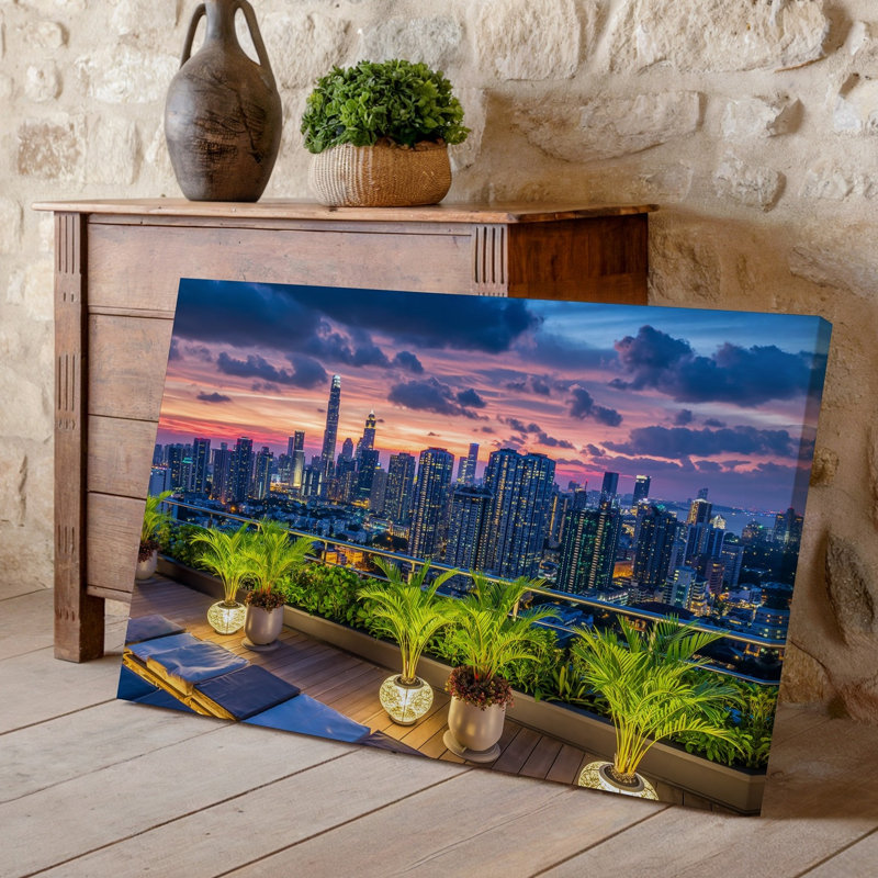 Reproduction d'art sur toile, une scène de toit vibrante surplombant un paysage urbain tentaculaire au coucher du soleil
