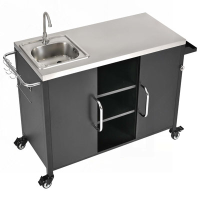 55.5" Outdoor Kitchen Island with Sink, Metal Grill Cart Table with 304 Stainless Steel Sink, Outdoor Bar Cart Sink Station with 4 Lockable Wheels for Pizza Prep & BBQ