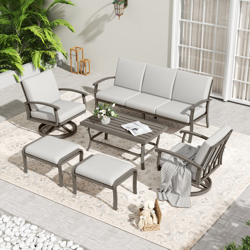 Ensemble de conversation de patio en aluminium 6 pièces avec table basse, repose-pieds et coussins gris clair