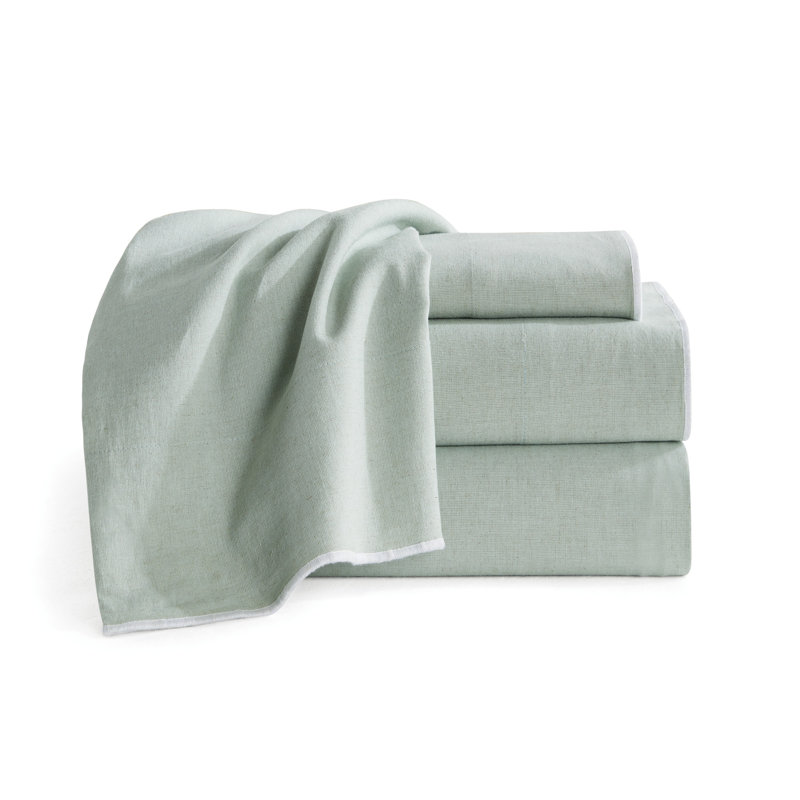 Washed Linen Cotton Blend 4 Piece Sheet Set, Cal.King Sheet Set with 2 Pillowcases, Sage