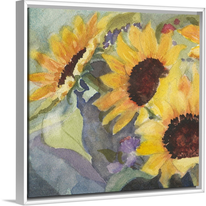 «Sunflowers In Watercolor I», art mural sur toile, Cadre blanc, H 30 po x l 30 po x P 1,75 po