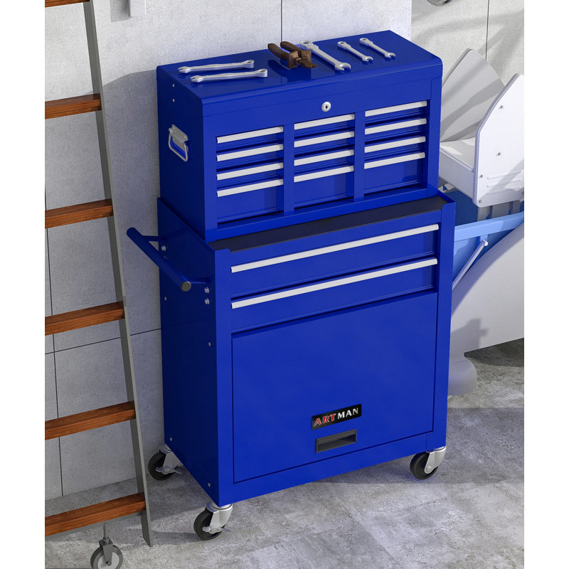 Grande armoire à outils verrouillable amovible 8 tiroirs (pour le garage), Bleu