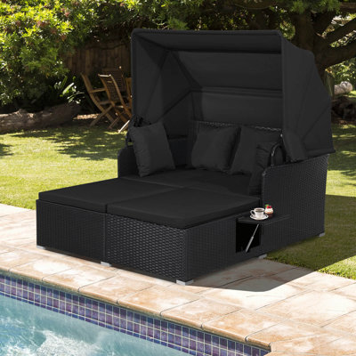 Outdoor Rattan Double Daybed with Retractable Canopy & Seat Back Cushions by Ebern Designs