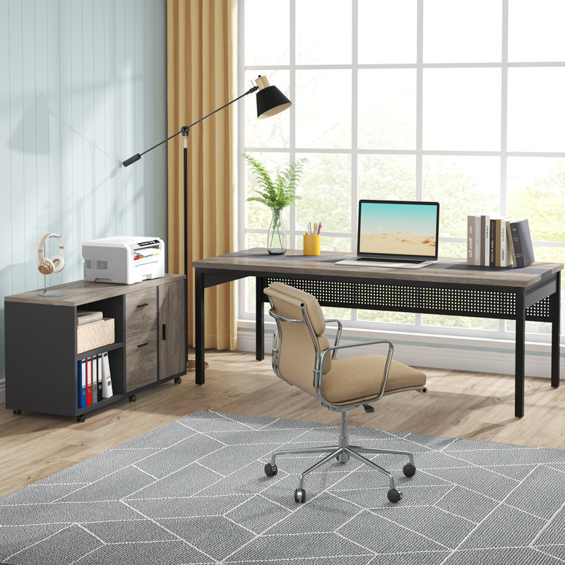 L-Shaped Iron Executive Desk, Gray/Black