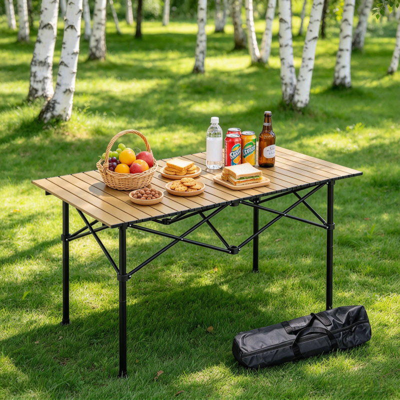 Table de camping pliante et portable en aluminium avec plateau imitation bois et hauteur réglable | Table légère et enroulable avec sac de transport pour le camping, les pique-niques, les barbecues et la terrasse