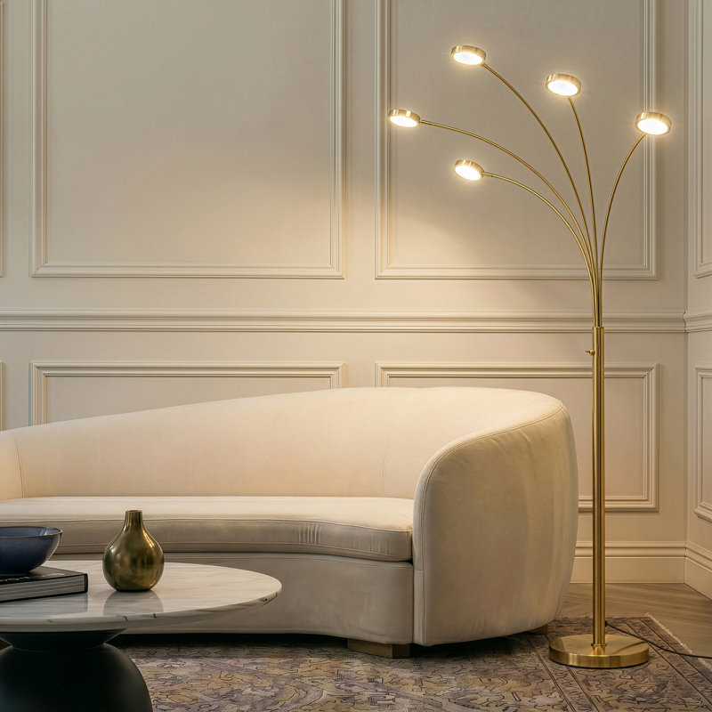 Orion Brass 74" Modern LED 5-Arm Arc Floor Lamp With Metallic Rotating Heads, Brass
