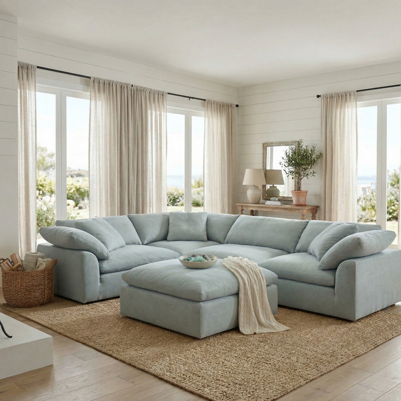 Cloud-Inspired 132" 5 Piece Oversized Deep Lounge Slipcovered Modular Corner Sectional with Ottoman | Performance Fabric Washable Water-Resistant Stain-Proof | Deep-Seating Down-Filled Couch | Plush Cushions, Modern Design