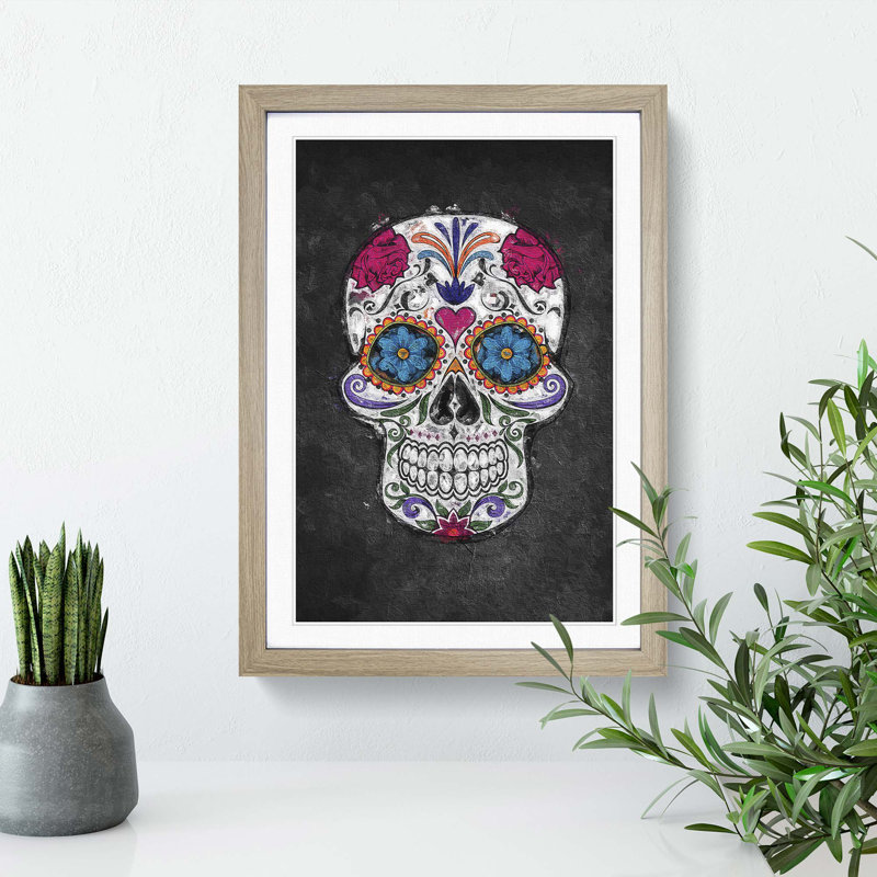 Floral Sugar Skull - Framed Print, Oak Framed, 48cm H x 36cm W x 2cm D