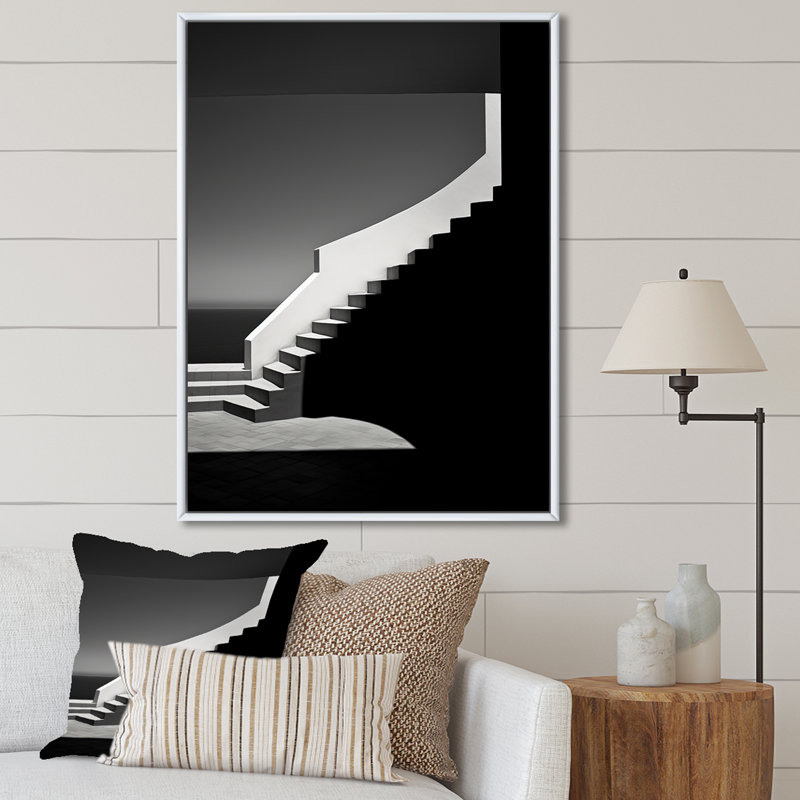 Art mural blanc avec escaliers blancs, bâtiments, toile_106432, Cadre flottant blanc, H 32 po x l 24 po x P 1 po