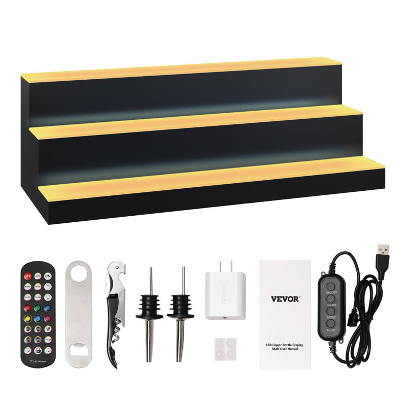 VEVOR LED Lighted Liquor Bottle Display Bar Shelf RF & App Control 30" 3-Step, 10" H x 30" W x 12" D